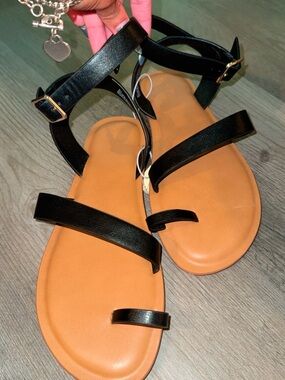 Target Black Strappy Flat Sandals with Tan Footbed